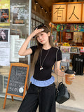 Unique Super-Looking Lattice Lotus Side Splicing Round Neck Collar T-Shirt New Thin Temperament Small Top