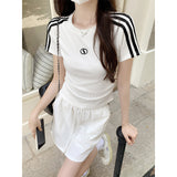 White Three Bar Embroidery Design Sense Short-Sleeved T-Shirt Girl Summer Collar Into Shoulder Sleeves Small Short Top