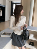 Pure Korean Version Of Sexy Babes Splicing Design Long-Sleeved T-Shirt Girls Spring Summer New Folding Waist Top