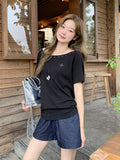 Korean Hot Diamond Willow Embroidered Slanted Shoulder Sleeves T-Shirt 2026 Summer New Unique Beautiful Word On The Shoulder