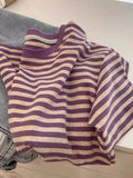 Striped Short-Sleeved Women's Summer Loose Shoulder T-Shirt Unique Design Sense Of Niche Body Half-Sleeved Top In Fashion
