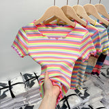 Pure Cotton Shoulder Rainbow Striped Short-Sleeved T-Shirt For Summer New Design Wood Ear Collar Body Dress