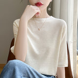 Half-High Collar Fashion Knitted Five-Sleeve Top Lady Summer Thin Flower Solid Color T-Shirt Loose Bottom