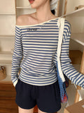 Korean Wearing A Collar Design With A Slanted Design Stripes Bumping Long-Sleeved T-Shirts For Women's 2026 Spring And Summer New One-Word Dew Shoulderwear