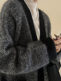 Old Money Wind Dark Gray Mixed V Collar Big Sweater Cardigan Languized High Sense Loose Knitting Coat Fall 2025