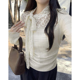 French Lace Yarn Half-High-Neck Long-Sleeved Bottom Shirt Women's Autumn And Winter New Hollow Tying Temperament Top
