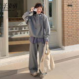 Grey Fake Two-Piece Jacket Suit Women's Hooded 2026 Spring And Autumn New Lazy Slackness Casual Trousers Two Sets