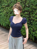 Korean Pure Peach Heart-Carped Short-Sleeved T-Shirt For Girls Summer Senior Feeling Gray Hottie