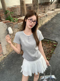 Korean Unique Fashion Shoulder Short-Sleeved T-Shirt For Summer New Lace Spliced Embroidered Bow Blouse