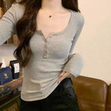 U Collar Shoulder Short Long-Sleeved T-Shirt Girl Autumn New Gray Simple Hot Girl Style Bottom Shirt