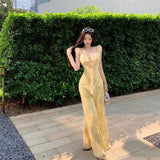 Yellow Print Sling Dress Women's Summer French Lotus Side Small Flying Sleeve Skirt To Close The Waist Temperament Fairy Dress