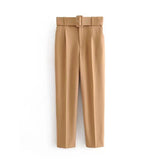 New Casual Pants Slender Slim Slim Belt Decorated Solid Color Straight Sue Nine-Point Pants