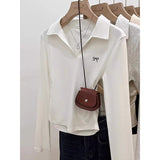 Pure Cotton Shoulder-To-Shoulder Collar Long-Sleeved T-Shirt For Women's Autumn And Winter Polo Collar Pure Desire To Collect Skinny Small Short-Sized Bottom Shirt