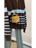 Striped Half-Zip Collared Large-Size Sweater Coat Women's Autumn And Winter 2025 New Lazy Wind Plus Thick Knitted Shirt