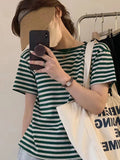 Short-Sleeved T-Shirt For Women 2025 Summer Fruit Green Stripes New Loose Shoulder Unique Comfortable Tuck