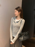 Flower Ash Fake Two Splicing V-Neck Long-Sleeved T-Shirt Women 2026 Autumn New Slimy Button Bottom Shirt Top
