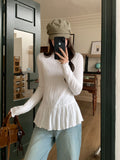 Sweet Cute Wooden Ear Half-High Collar Long-Sleeved Knitted Shirt Woman 2026 Autumn Loose Thin Leaves Side Top