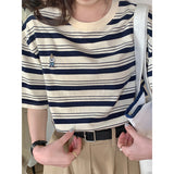 Vintage Style Striped Short-Sleeved T-Shirt For Women's Summer 2026 New Loose Cotton Embroidery Casual Half-Sleeved Top