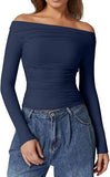 2025 New Women's Shoulder-To-Shoulder Solid-Colored Wrinkles One-Word Long-Sleeved Sexy Top