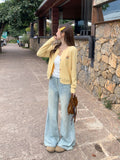 Korean Yellow Embroidered Long-Sleeved Collar Knitted Cardigan Women 2026 Early Autumn Wearing A Languid Wind Loose Top