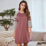 Spring And Summer Lady Home Dress Pyjamas Splicing Colliding With Color Strips Round Neck Short Sleeve Home Pajamas Woman