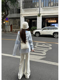 College Style Hooded Striped Double-Layer Knitted Coat Women Spring And Autumn Lazy Casual Blue Sweater Cardigan Shirt Top