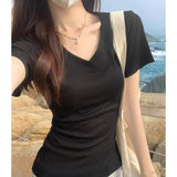 Low-Necked Collar Collar Collared Front Shoulder Half-Sleeved White Short-Sleeved T-Shirt Girl Sweet Hottie Tight Waist Small Summer Coat