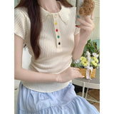 Cun Chic Color Button POLO Collar Short-Sleeved T-Shirt For Girls Summer Slimming Folded Waist Design Blouse
