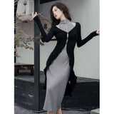 Cold Wind Royal Sister Fan Wearing A Suit Early Autumn High Sense Two Sets Of Gray Dress Black Cardigan Woman