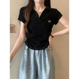 Rolling Polo Collar V-Neck Shoulder Short-Sleeved T-Shirt Girl 2025 Summer New Slim Short Solid Color Coat Tide