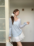 Blue Thin Transparent Sunscreen Long-Sleeved T-Shirt For The Summer New Wooden Ear Design Air Conditioning Hood V Collar Top