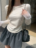 Pure Korean Version Of Sexy Babes Splicing Design Long-Sleeved T-Shirt Girls Spring Summer New Folding Waist Top