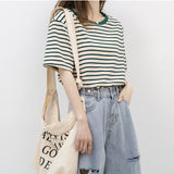 Short-Sleeved T-Shirt Women's Summer Thin 2026 New Loose Cotton Green Stripe Sympathizes With Women's Clothes