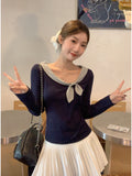 French Bow Tie With Slanted Shoulder Long-Sleeved T-Shirt For Women's Early Autumn Small Body Slim Slime Top