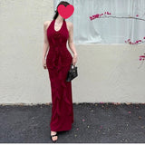 French Elegant Red Hanging Neck Sling Dress Women Summer New Hottie Sexy Back Temperament Waist Dress