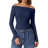 2025 New Women's Shoulder-To-Shoulder Solid-Colored Wrinkles One-Word Long-Sleeved Sexy Top