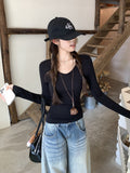Solid Color Shoulder V-Neck Long-Sleeved Knitted Shirt Woman 2026 Autumn New Body To Close The Waist And Put On The Bottom Shirt Top