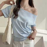 Pure Cotton Shoulder Oblique Shoulder Light Blue Loose Short-Sleeved T-Shirt Women Wear High-End Casual Shoulder Design Top