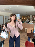 Bm Sweet Hottie Lace Lace Fake Two V-Neck Long-Sleeved T-Shirt Girls Wrinkled In Autumn And Winter To Collect Waist And Bottom Shirt