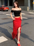 Lotus Leaf-Rimed Flower Dresses Women's Mid-Summer High-Rise Thin Buffet Dress Red Irregular Opening Fork Dress
