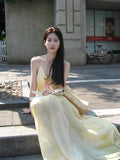 French Fairy Seaside Resort Dress Pendant Slings Slings Texture Prints Dizzling Skirts
