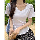 Black V-Neck Front Shoulder Short-Sleeved T-Shirt Woman Pure Want To Slim Hottie Low Collar Collar Collar Half-Sleeved Summer Small Top