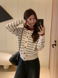 Vintage Round-Neck Stripe Splicing Long-Sleeved Knitted Cardigan Women's Fall 2026 Loose Thin Sweater Jacket