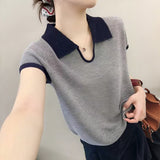 Cicpic Clip Collared Small Thin Knitted Shirt Summer New Temperament Thin Shoulder Short Sleeve Coat Head Woman