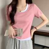 Spicy Collarbone Positive Shoulder Design Fake Two-Piece T-Shirt Girl Short-Sleeved Summer 2026 Super Hot Chic Hot Babes Top