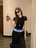 Unique Super-Looking Lattice Lotus Side Splicing Round Neck Collar T-Shirt New Thin Temperament Small Top