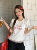 White Hem Splicing Lace Lace Short-Sleeved Woman 2026 Summer Body Repair Shoulder Design Sense Niche T-Shirt Top