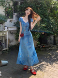 Blue Temperament Holiday Wind And Flowers Dress Women 2026 Summer New Thinch Waist Thin Atmosphere Long Dress
