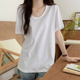 Summer New Cotton Short-Sleeved T-Shirt Women's White U-Collar Chic Loose Low-Neck Base Shirt Top