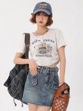 Vintage Drawstring Design Feel Short-Sleeved T-Shirt For Girls Summer New Cat Hong Kong Wind Shoulder Short Repair Body